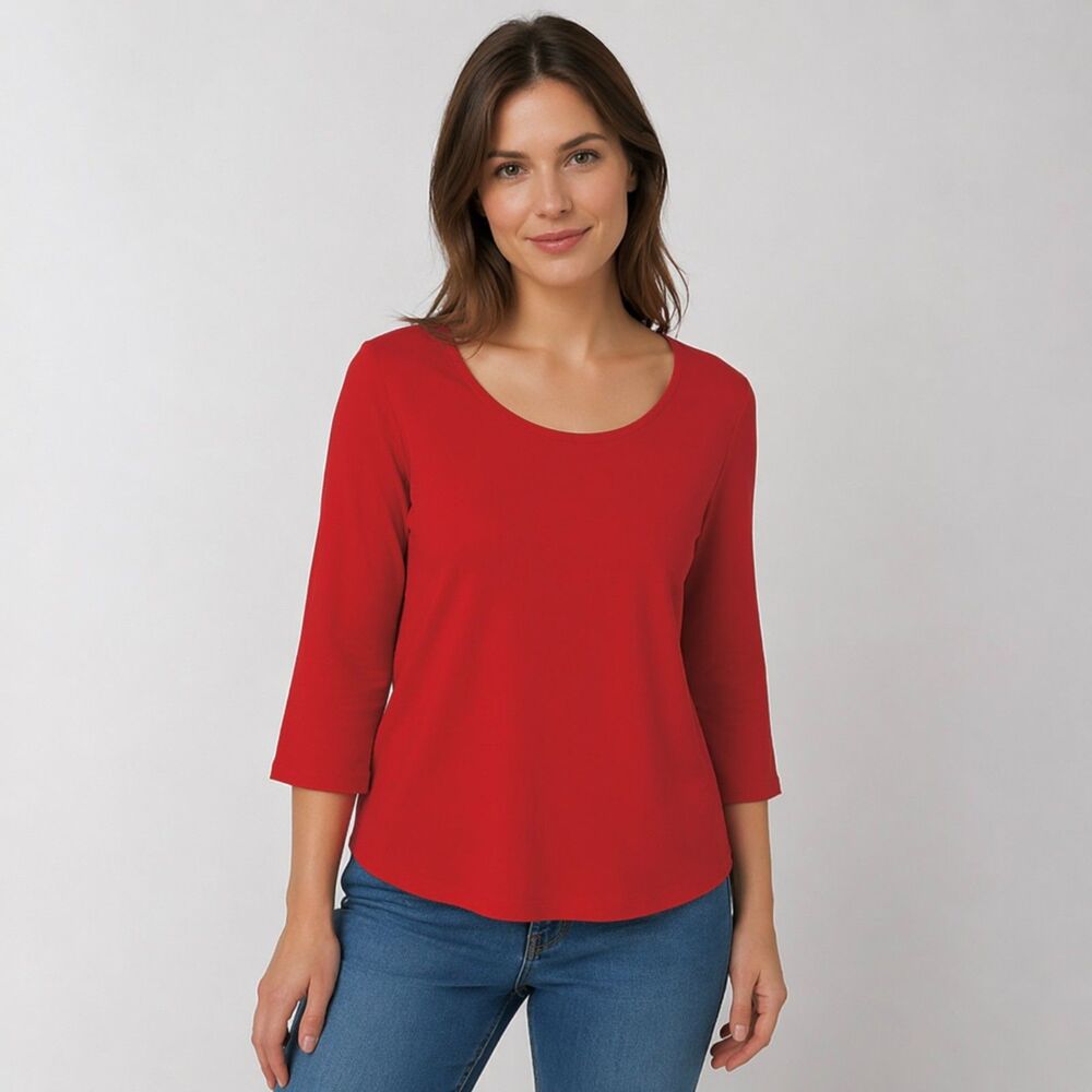 Eileen Fisher Organic Cotton Boat Neck Bold Red 3/4 Sleeve Top Tee Shirt